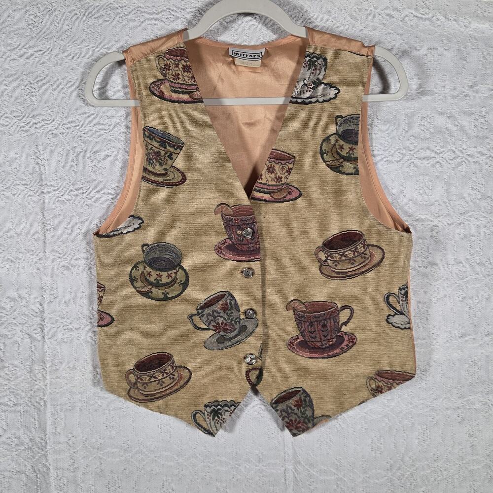 Vintage Mirrors Tapestry Vest Medium Teacup Print Button Front Cottagecore